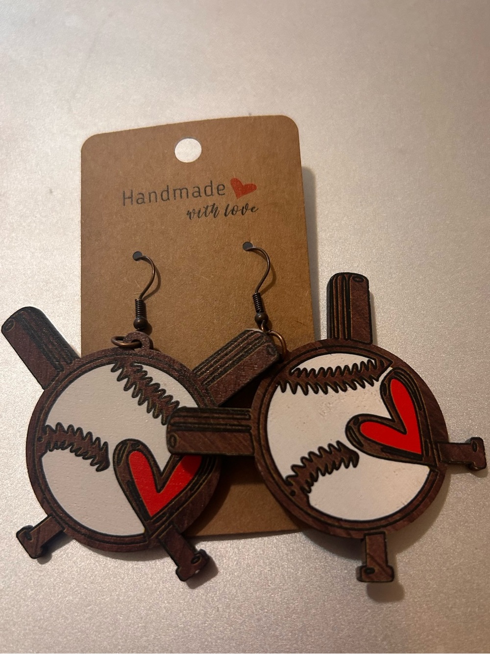 Handmade Kids Baseball Heart Earrings - White & Red